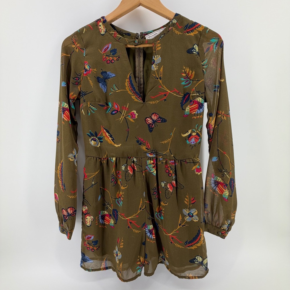 Abercrombie Fitch Olive Green Butterfly Floral Print Romper Jumpsuit Size 00 - Picture 8 of 9